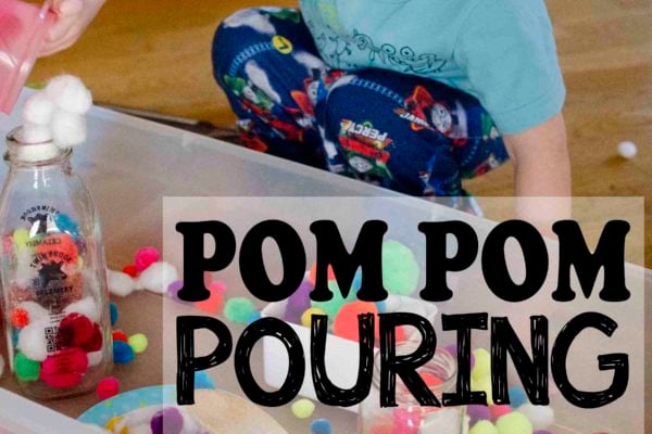 POM POM POURING: A fast and easy toddler sensory activity; easy toddler activity; fun activity for a rainy day