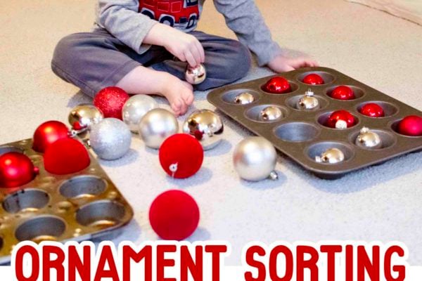 ORNAMENT SORTING: Try this fun holiday math activity sorting ornaments! A simple toddle math activity; indoor activity; toddler christmas activity