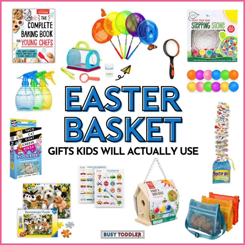 A white image with products for children. Text reads "Easter Basket Gifts Kids will Actually Use"