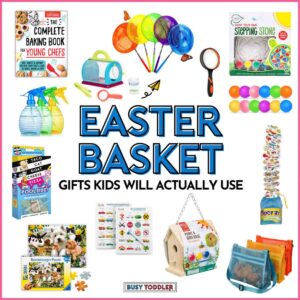 A white image with products for children. Text reads "Easter Basket Gifts Kids will Actually Use"