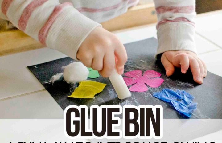 GLUE BIN: Create a gluing activity to teach your toddler how to use a glue stick; a fun way to introduce gluing; tips from a former teacher