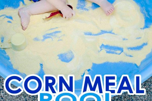 CORN MEAL SENSORY POOL: S taste safe, no prep sensory activity for toddlers, babies, and preschoolers. Kids will love this unexpected outdoor activity. Moms will love how easy it is to set up!