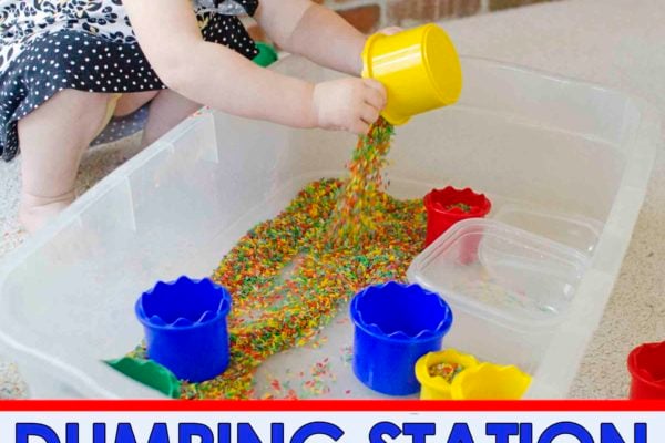 DUMPING STATION: A fun and easy sensory bin set up for toddlers; especially good for young toddlers; easy toddler activity; a great indoor activity