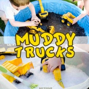 MUDDY TRUCKS: Made a mud pit for your toddlers! A fun outdoor activity that kids will love getting messy with. Fun summer activity. Easy toddler activity.