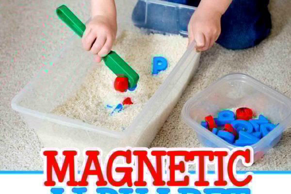 MAGNETIC ALPHABET SENSORY BIN: Science, sensory, and literacy fun for toddlers; create a fun alphabet sensory bin for toddlers to play with; an easy indoor activity