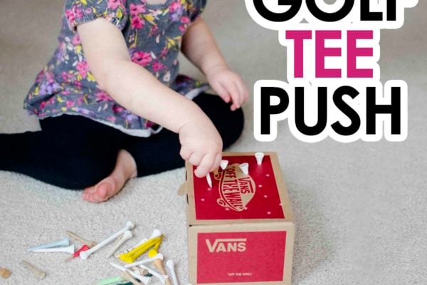 Try this fine motor skills activity with your toddler! Golf Tee Push is a quick and easy DIY toddler activity; lots of indoor activity fun; toddler activity