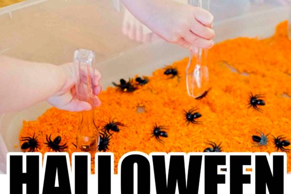 Check out this simple Halloween sensory bin! Toddlers will love this quick and easy indoor activity that is so fast to set up. A great simple activity that's perfect for toddlers and preschoolers.