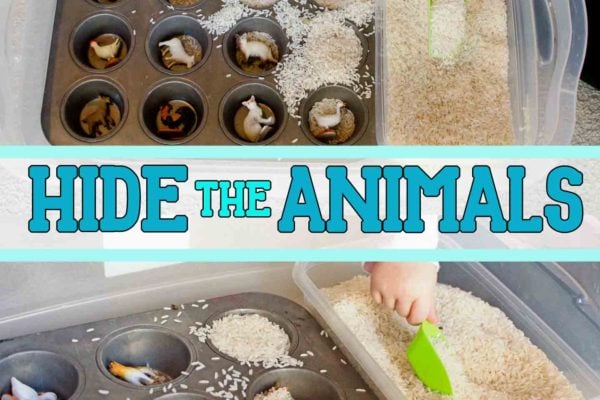 HIDE THE ANIMALS: Your toddler will love this quick sensory bin activity! Perfect quick and easy indoor activity; toddler activity; preschool activity; rice bin