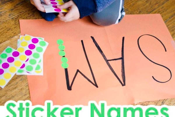STICKER NAMES: A fine motor skills activity using stickers! An easy indoor toddler activity. Fun playing with letter names and name identification skills. A quick and easy activity.