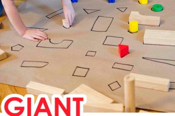 GIANT SHAPE MATCH: Check out this awesome indoor math activity for toddlers and preschoolers; an awesome rainy day activity; quick and easy to set up; easy toddler activity; easy preschool activity; diy math activity