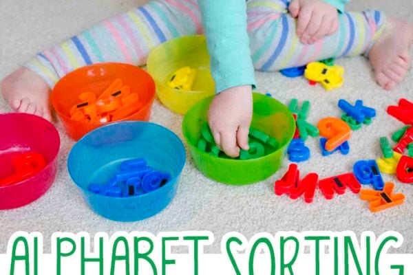 Alphabet Sorting Activity: check out this super easy activity for toddlers and preschoolers. Sorting alphabet letters is a great indoor activity. A math and literacy activity for toddlers.