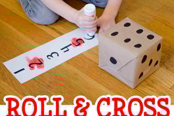 ROLL & CROSS: What a fun and easy math game for kids of all ages! This is a perfect number recognition and counting game for toddlers and preschoolers. They will love playing with this homemade dice and racing to cross out the numbers!