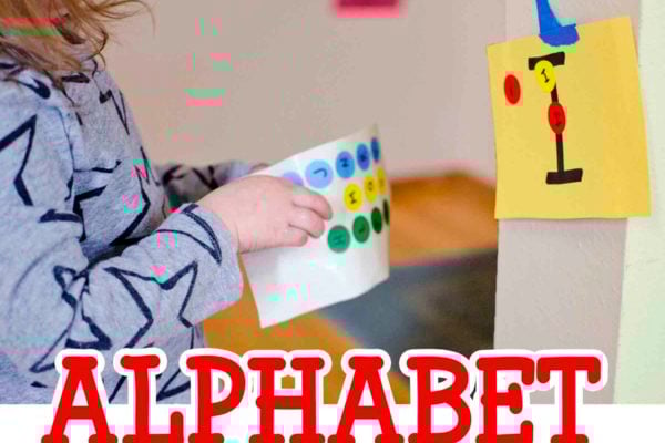 ALPHABET STICKER MATCH: A fun, moving activity for toddlers and preschoolers. This quick to set up alphabet activity is perfect for rainy days and indoor play. Kids will love this easy learning activity!