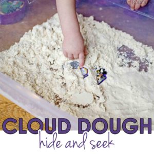 CLOUD DOUGH HIDE AND SEEK: A fun taste safe sensory activity for toddlers; a quick and easy activity that toddlers will love; a fast to prep activity that you have all the ingredients for! So quick and easy and fun for toddlers to play
