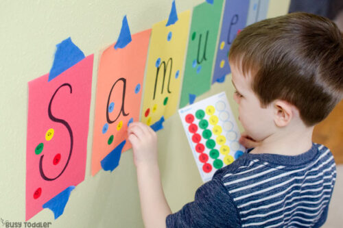 Sticker Name Recognition Activity - Busy Toddler