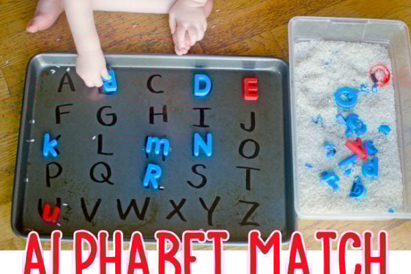 EASY ALPHABET MATCHING ACTIVITY: Check out this easy indoor activity for toddlers; preschoolers will love this alphabet activity; a fun sensory and literacy activity from Busy Toddler