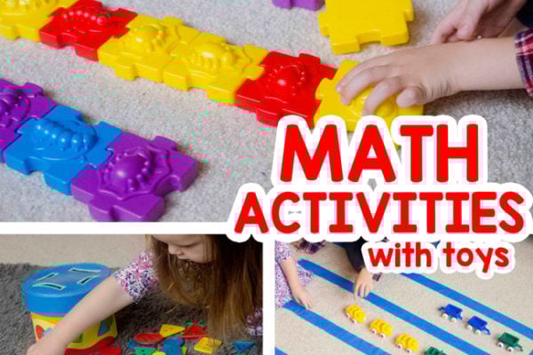 FUN MATH ACTIVITIES WITH TOYS: Check out these quick and easy math activities that kids will love; preschool math activities; toddler math activities; math manipulatives; counting activities for toddlers from Busy Toddler (sponsored by Lakeshore Learning)