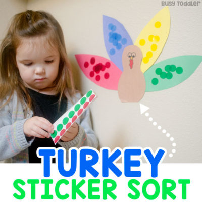 TURKEY STICKER SORT: An easy Thanksgiving activity for toddlers; a Thanksgiving math activity; math activity for toddlers; fine motor skills activity; dot stickers activity; quick and easy toddler activity from Busy Toddler