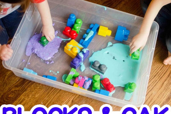 BLOCKS AND GAK: Check out this super easy sensory activity that's perfect for toddlers and preschoolers; a toddler sensory activity; a messy sensory activity; oobleck activity; activity for preschoolers; blocks activity; indoor activity from Busy Toddler