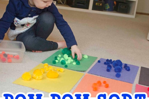 POM POM COLOR SORT: Check out this easy indoor activity that toddlers will love! A quick and easy toddler activity; color learning activity; color sorting activity; pom pom activity from Busy Toddler