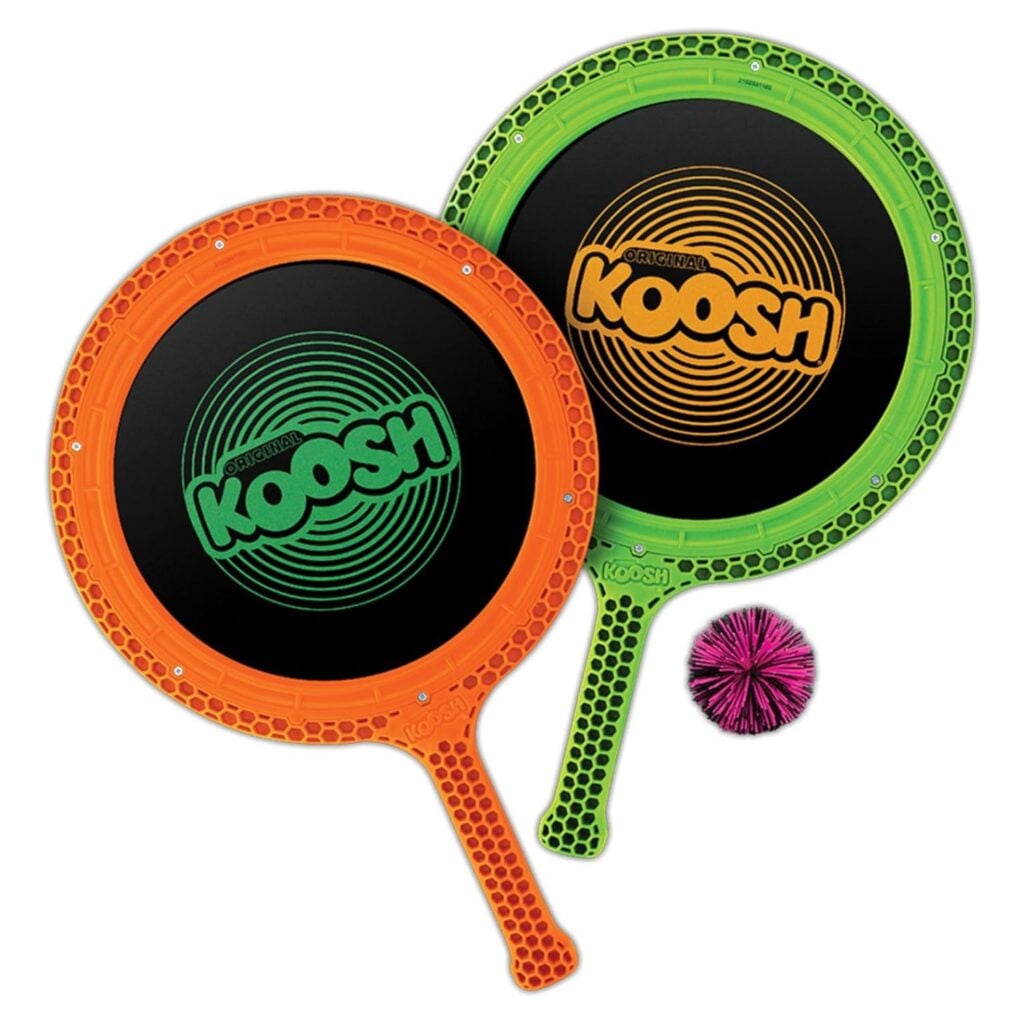 Image of orange and green paddles with a small Koosh ball