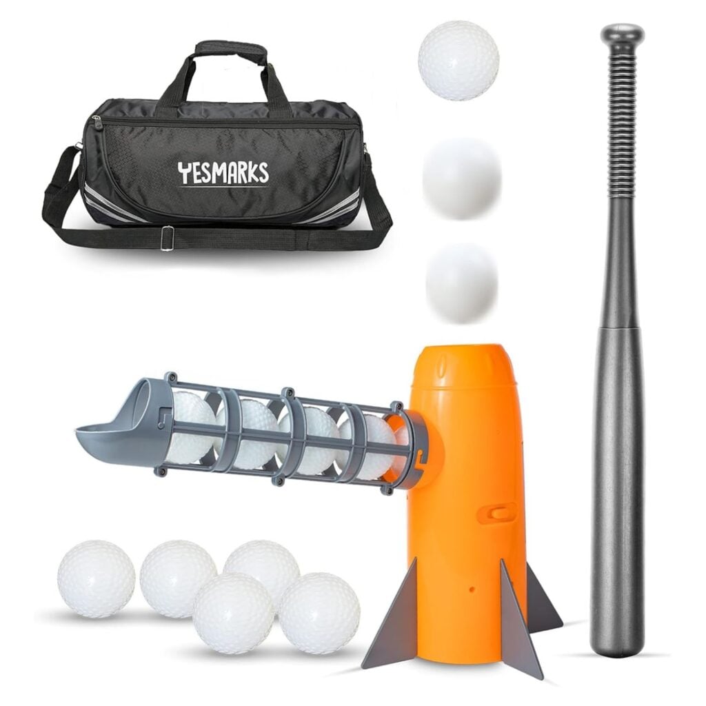 Image of baseball pitching toy, bat, balls and carrying bag.