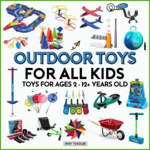 Outdoor toys for all kids: Toys for Ages 2-12+ years old; 18 different toys on a white background