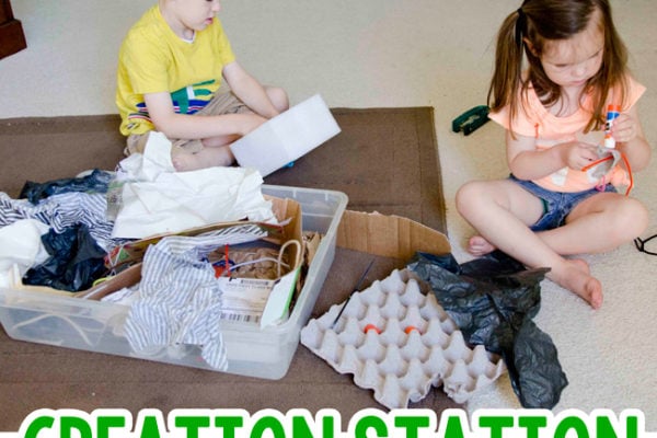 CREATION STATION: Making treasures from trash. Easy indoor activity; recycled activity; preschool STEM activity; toddler STEM activity; quick and easy activity; working with recyclables; kids activity; rainy day activity; recycled sensory bin activity from Busy Toddler