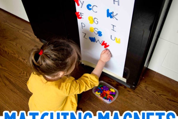 FRIDGE MAGNET MATCHING: This is an easy dinner prep activity that you can do while you cook! An easy alphabet activity; a fun learning activity; matching activity; easy preschool activity; easy toddler activity from Busy Toddler
