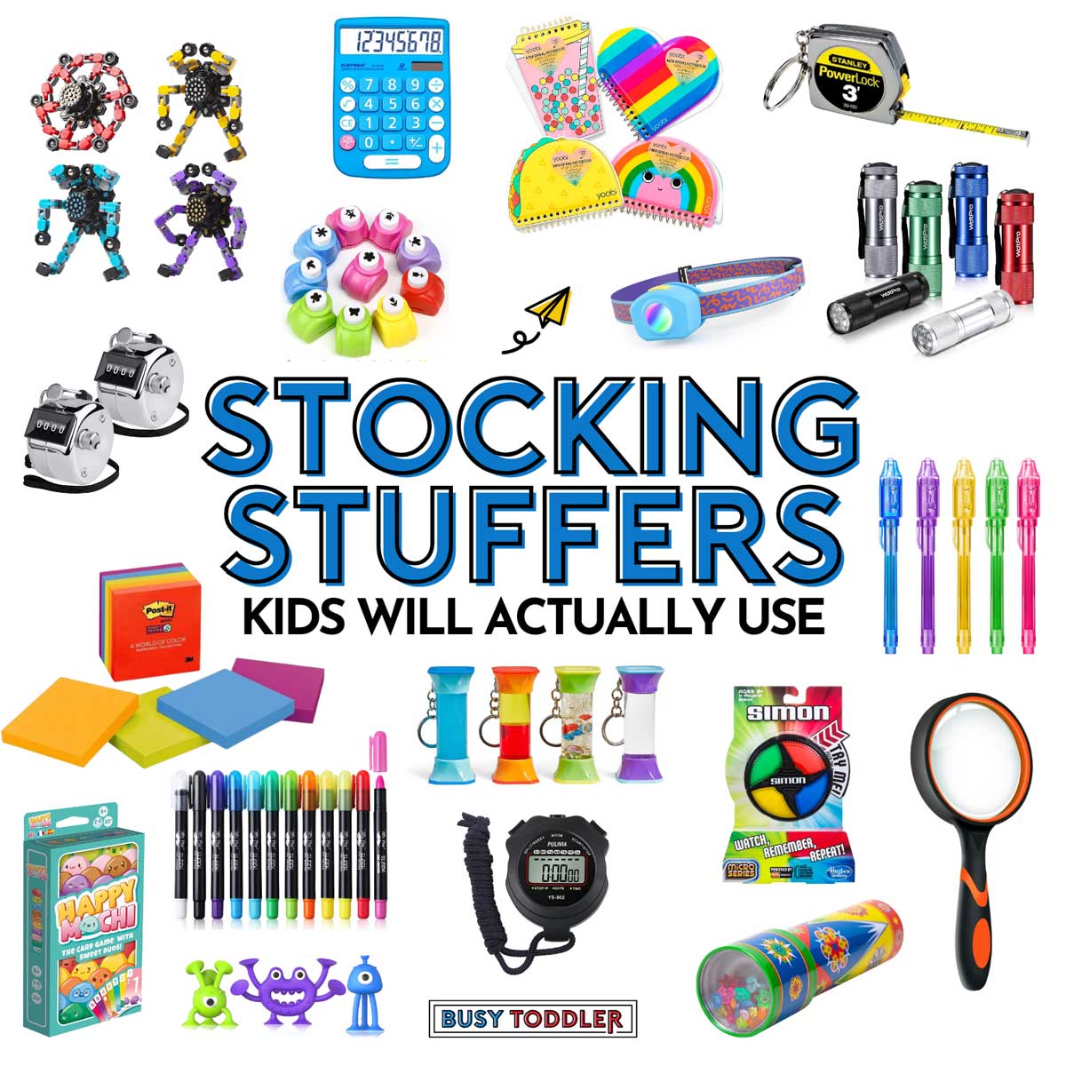 Stocking Stuffers kids will actually use: image shows 18 ideas for kid stockings from Busy Toddler.