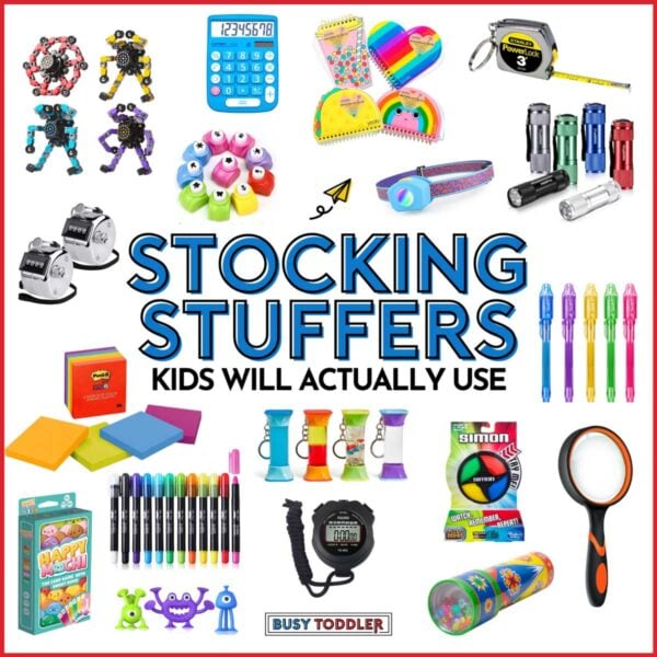 Stocking Stuffers kids will actually use: image shows 18 ideas for kid stockings from Busy Toddler.
