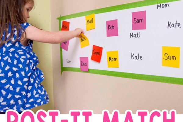 POST-IT NAME MATCH: A simple name recognition activity that's perfect for toddlers and preschoolers; make a fun name activity; easy indoor activity; quick and easy activity; learning activity; preschool activity from Busy Toddler