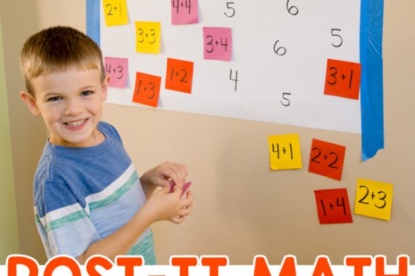 POST-IT MATH ACTIVITY - Quick and easy math activity; addition facts; fact families; math problems; learning about addition; hands-on math lesson; learning to add from Busy Toddler