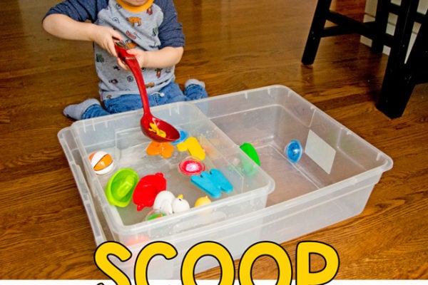 WATER SCOOP AND TRANSFER - A fun and simple life skills activity; taby activity; toddler activity; activity for two year olds; indoor activity; montessori activity; quick and easy activity; rainy day activity from Busy Toddler