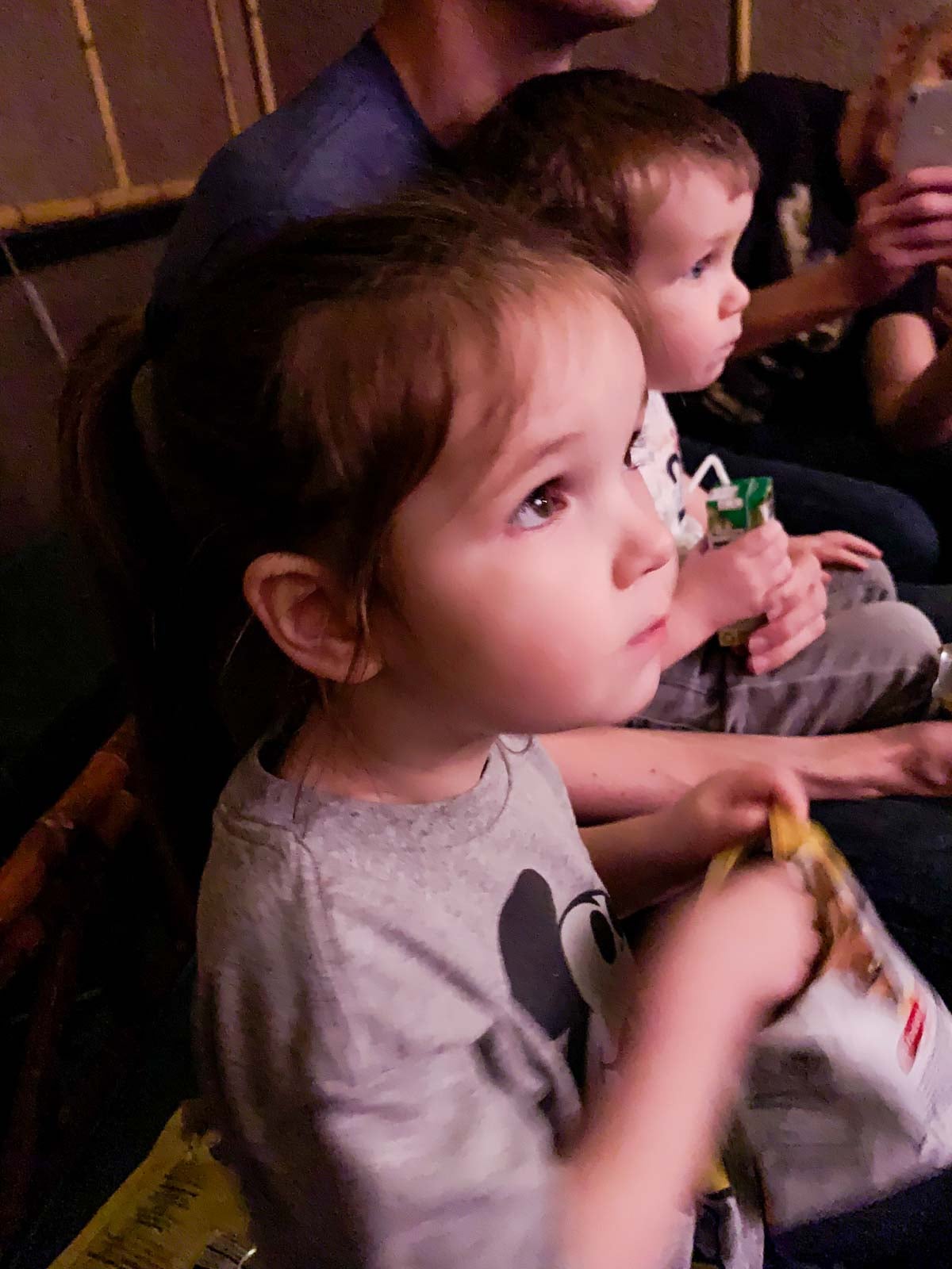 A 4 year old is mesmerized by the Enchanted Tiki Room while eating a bag of chips.