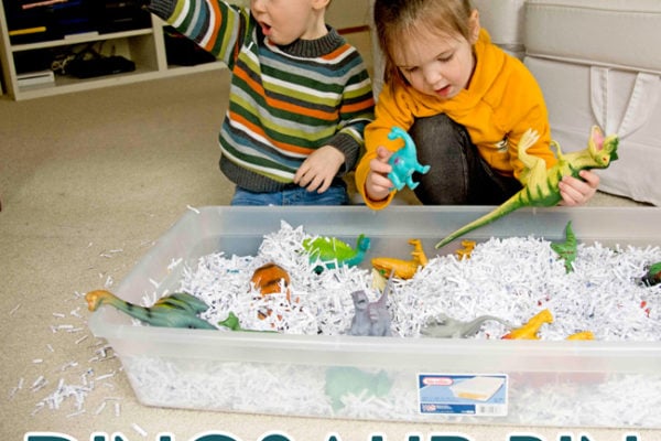 DINOSAUR SENSORY BIN: A quick and easy toddler activity; a fun preschool activity; sensory bin activity; indoor activity; rainy day activity; winter activity from Busy Toddler