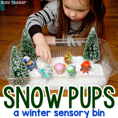 WINTER SENSORY BIN: Check out this awesome winter sensory bin idea from Busy Toddler; a quick and easy sensory bin; indoor winter activity; easy rainy day activity; preschool activity; paw patrol activity from Busy Toddler