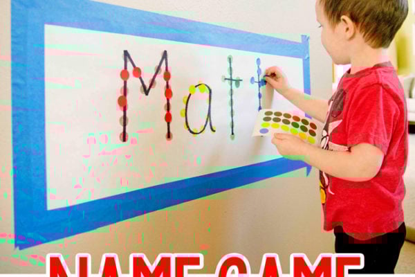 DOT STICKER NAME GAME: Learning how to use dot stickers? Try this quick and easy toddler activity! Letter recognition; name activity; spelling names; alphabet activity; dot sticker activity; fine motor activity from Busy Toddler