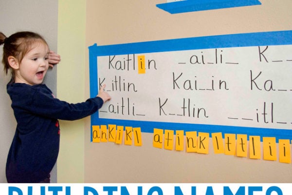 BUILDING NAMES LEARNING ACTIVITY: A quick and easy learning activity for preschoolers; name recognition activity; spelling activity; sight words activity; play based learning activity; quick activity; move and learn activity from Busy Toddler