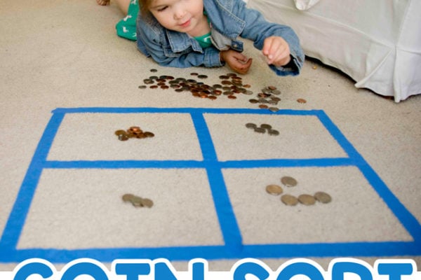 COIN SORTING: A preschool math activity; learning money activity; kindergarten math activity; hands-on math; hands-on learning activity; play to learn activity; preschool activity from Busy Toddler