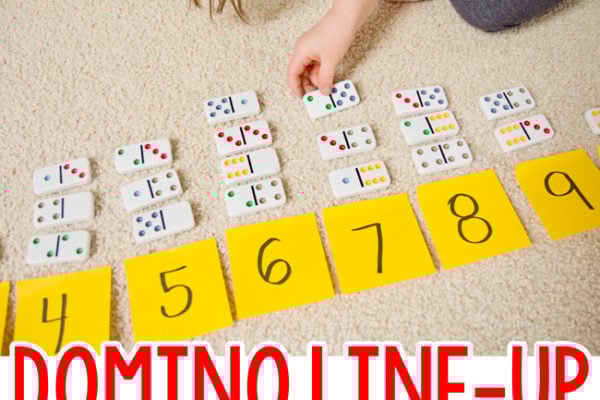 DOMINO LINE-UP: Grab out those dominos for this quick and easy preschool math activity; number sense activity; addition activity; hands-on math activity; easy math activity from Busy Toddler