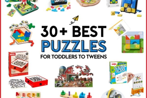 30+ Best Puzzles for Kids of All Ages: Image is white with 13 puzzles arranged around the wording.