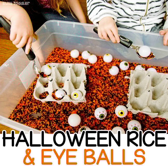 Halloween Rice Bin with Spooky Eye Balls Busy Toddler