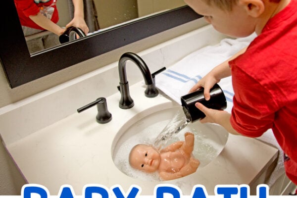 BABY DOLL BATH: Let your toddler wash their baby doll in a sweet sensory activity. Toddlers can practice their care taking skills. A dramatic play activity from Busy Toddler.