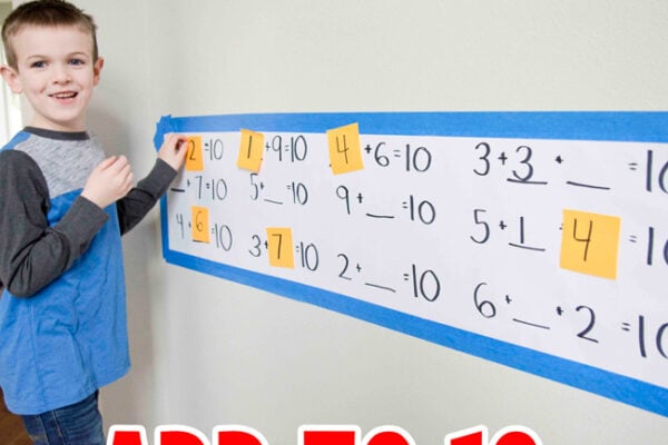 ADD to 10: a kindergarten math activity for the Common Core State Standards; kindergarteners find the missing addend to make 10; add within 10 from Busy Toddler