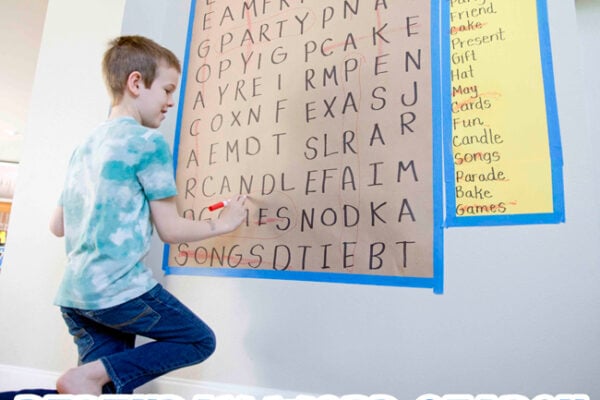 BIRTHDAY WORD SEARCH: Looking for a fun (free) activity to celebrate your child's birthday? Make a birthday themed word search for them... and make it giant! An easy and fun kids activity - a great indoor activity - a literacy activity for kids from Busy Toddler
