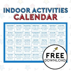 Indoor Activities Calendar (Free Download): Image shows a grid of 35 activity ideas written in blue font.