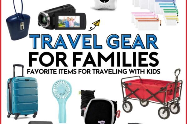 Travel Gear for Families: Favorite Items for traveling with kids. 11 travel items on a white background.