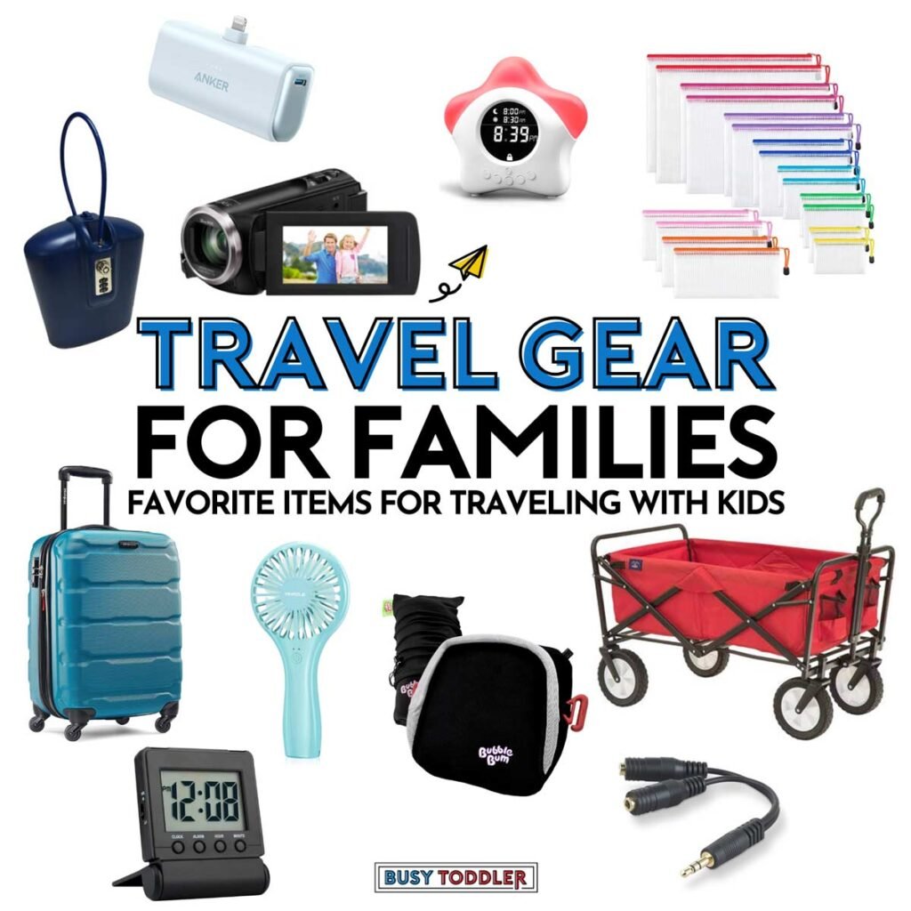 Travel Gear for Families: Favorite Items for traveling with kids. 11 travel items on a white background.