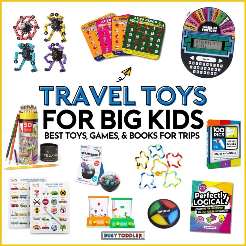 Travel Toys for Big Kids: best toys to take on trips (image is white with 10 images of travel toys)